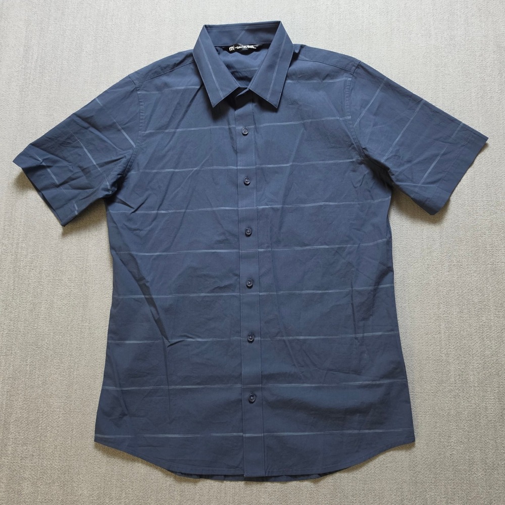 TravisMathew Button Up Shirt Mens Small Blue Striped Short Sleeve Cotton Blend
